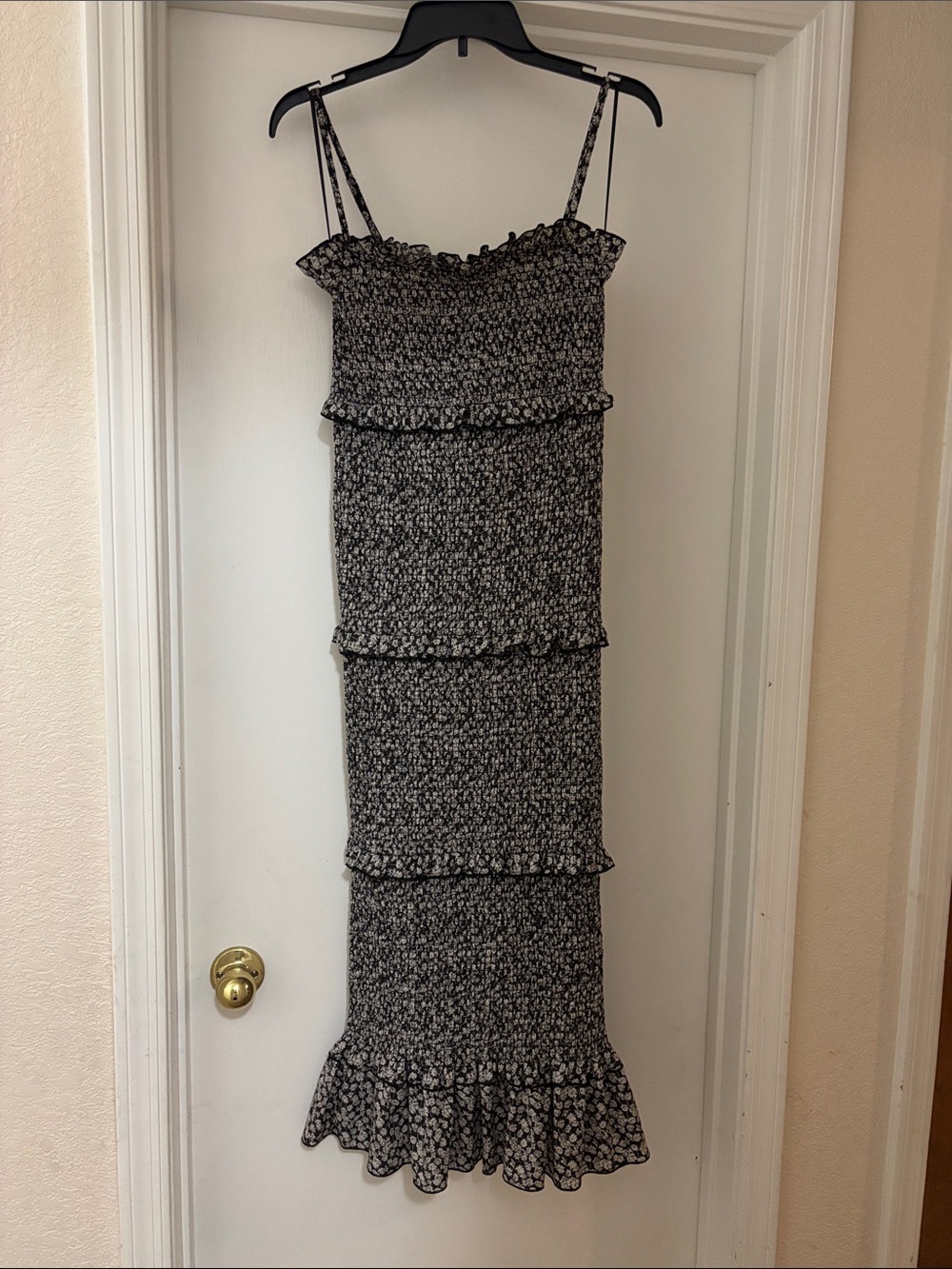 Black & White Floral Smocked Maxi Dress with Ruffle Tiers